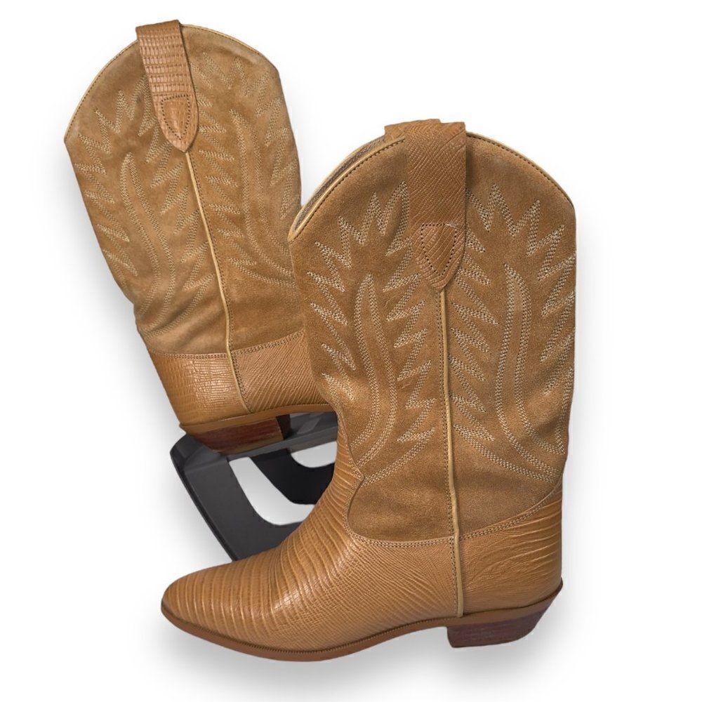 Chilis‎ Lizard Western Cowboy Boots Beige Leather 98773 Women's 5.5